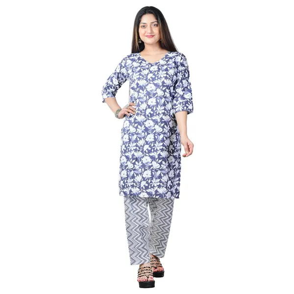 Blue_And_White_Cotton_Premium_Kurti_With_Pant_Set_For_Women