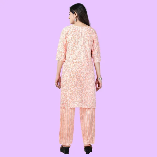 Peach_And_White_Cotton_Premium_Kurti_With_Pant_Set_For_Women