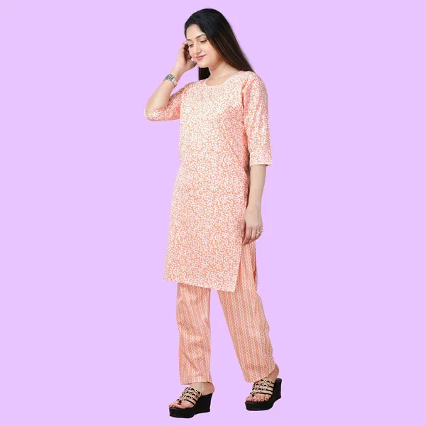 Peach_And_White_Cotton_Premium_Kurti_With_Pant_Set_For_Women