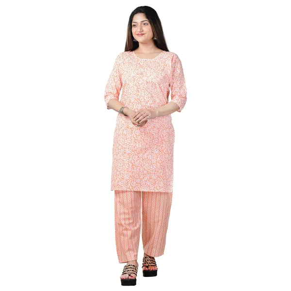 Peach_And_White_Cotton_Premium_Kurti_With_Pant_Set_For_Women