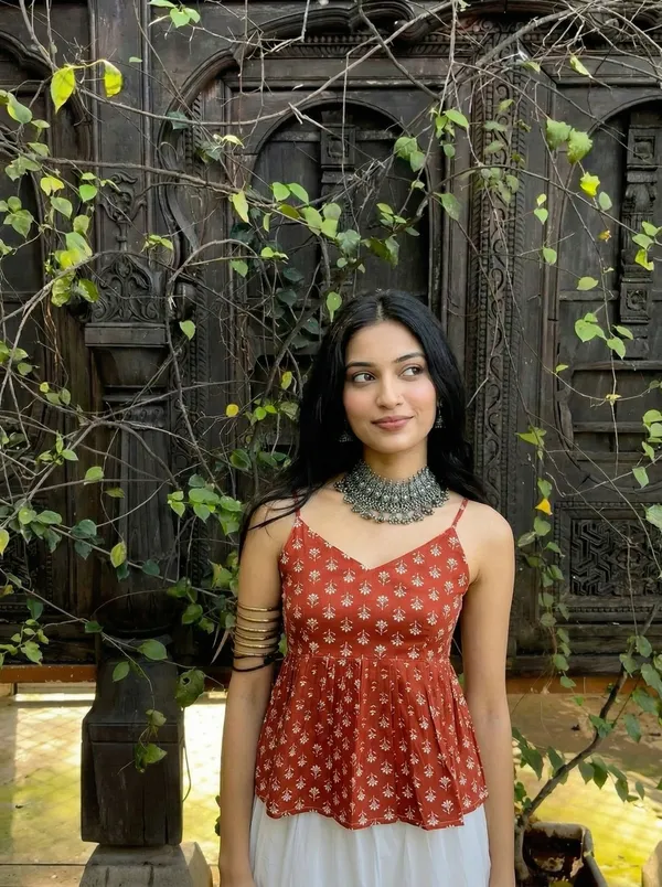 Brown_Pure_Cotton_Sleeveless_V_Neck_Kurti_For_Women