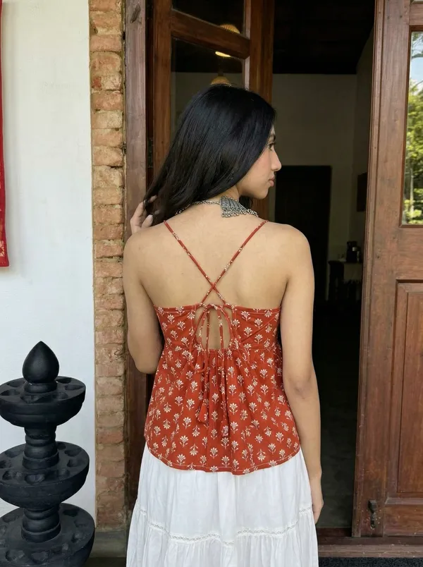 Brown_Pure_Cotton_Sleeveless_V_Neck_Kurti_For_Women
