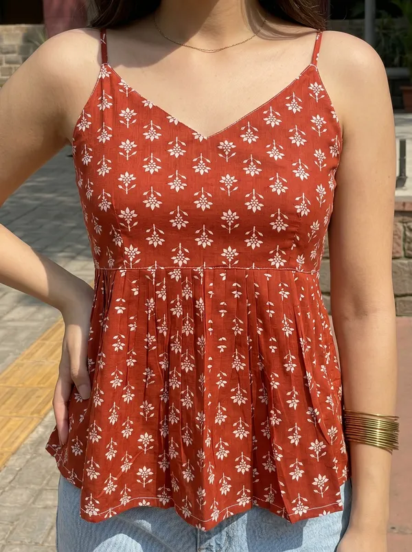 Brown_Pure_Cotton_Sleeveless_V_Neck_Kurti_For_Women