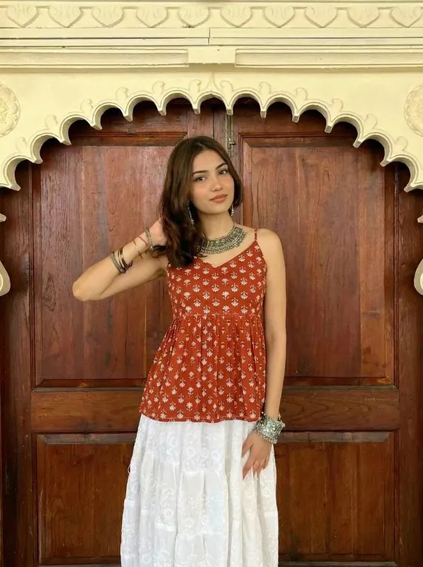 Brown_Pure_Cotton_Sleeveless_V_Neck_Kurti_For_Women