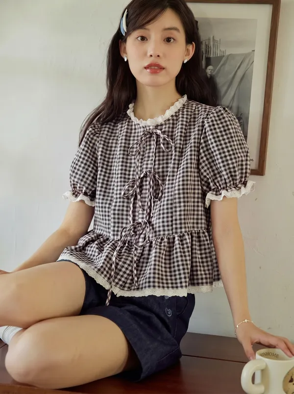 Black_Pure_Cotton_Lace_Short_Sleeve_Top_For_Women