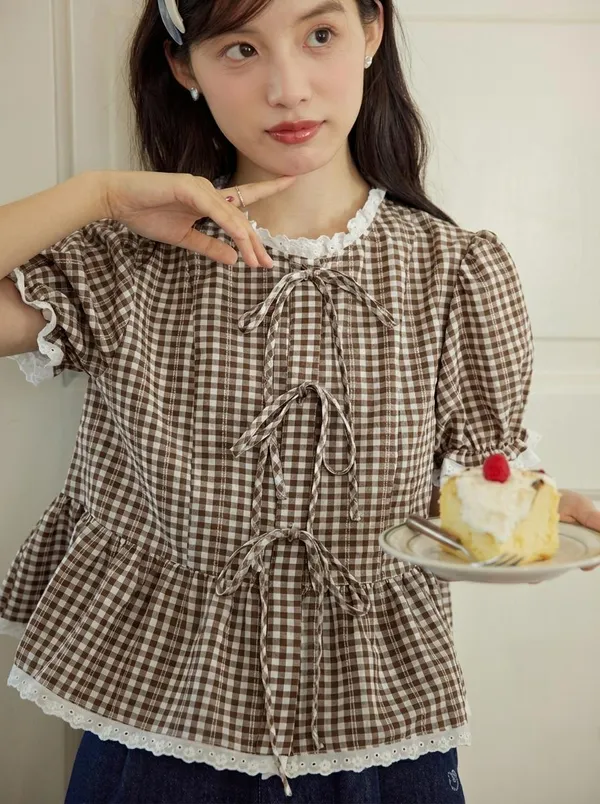 Brown_Pure_Cotton_Lace_Short_Sleeve_Round_Neck_Top_For_Women