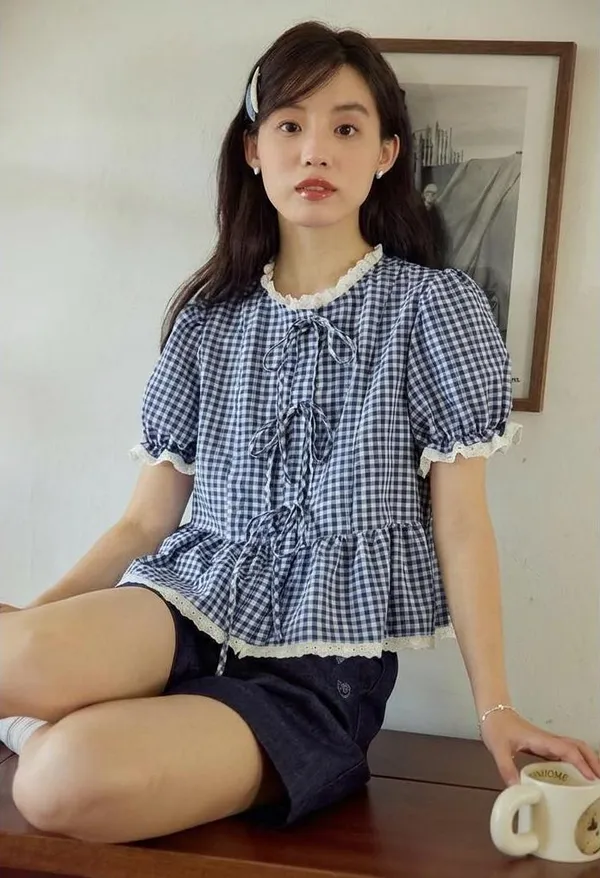 Dark_Blue_Pure_Cotton_Lace_Short_Sleeve_Round_Neck_Top_For_Women