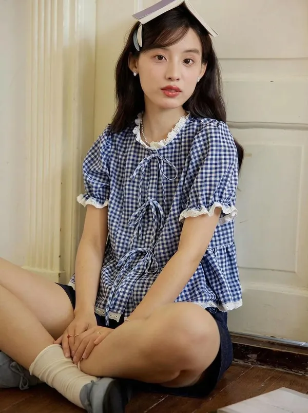 Dark_Blue_Pure_Cotton_Lace_Short_Sleeve_Round_Neck_Top_For_Women