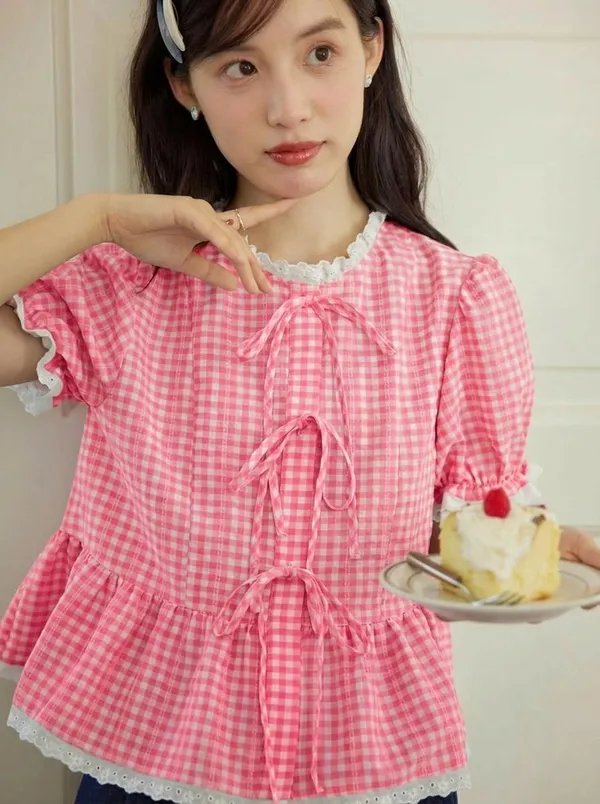 Pink_Pure_Cotton_Lace_Short_Sleeve_Round_Neck_Top_For_Women
