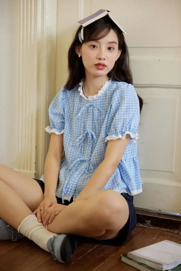 Sky_Blue_Pure_Cotton_Lace_Short_Sleeve_Round_Neck_Top_For_Women