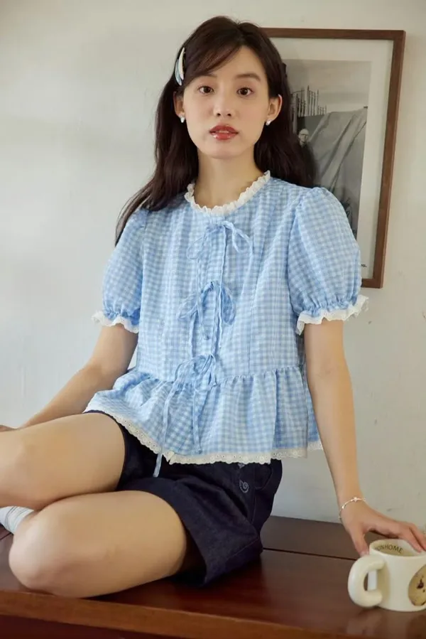 Sky_Blue_Pure_Cotton_Lace_Short_Sleeve_Round_Neck_Top_For_Women
