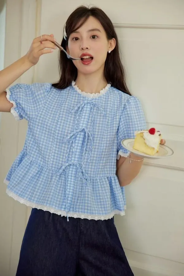 Sky_Blue_Pure_Cotton_Lace_Short_Sleeve_Round_Neck_Top_For_Women