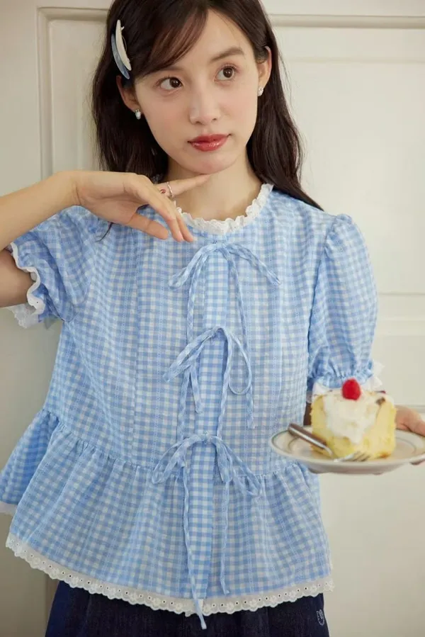 Sky_Blue_Pure_Cotton_Lace_Short_Sleeve_Round_Neck_Top_For_Women