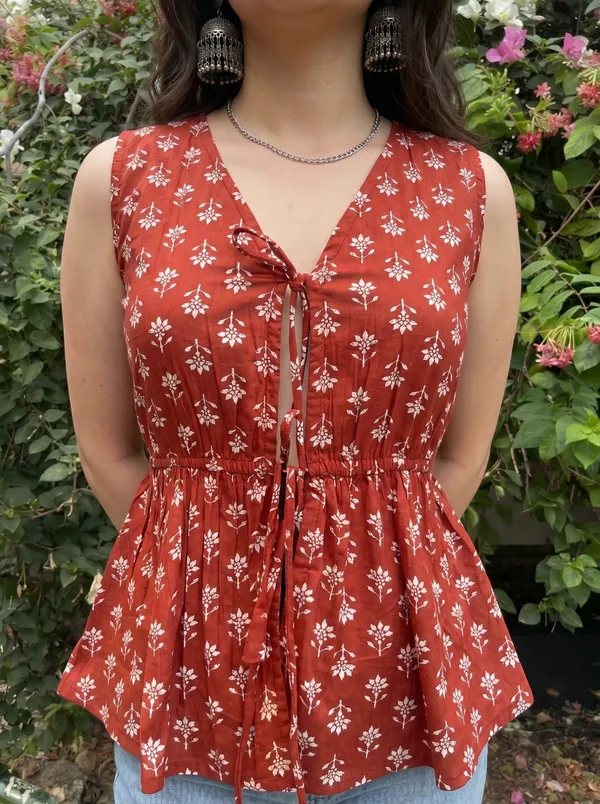 Brown_Pure_Cotton_Sleeveless_V_Neck_Kurti_For_Women
