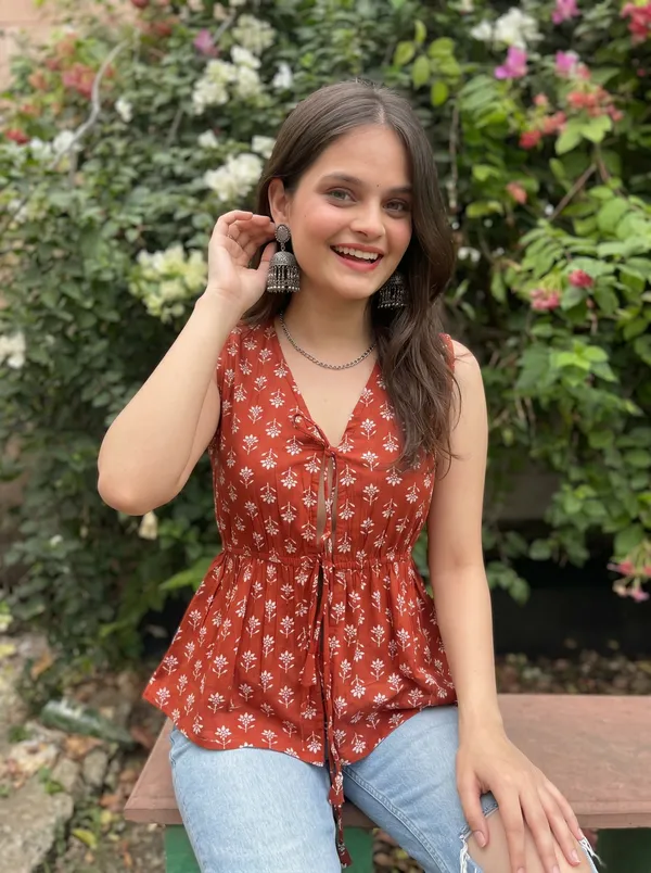 Brown_Pure_Cotton_Sleeveless_V_Neck_Kurti_For_Women