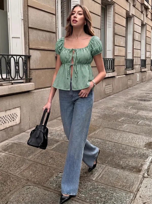 Green_Polyester_Cotton_Puff_Sleeve_Square_Neck_Top_For_Women