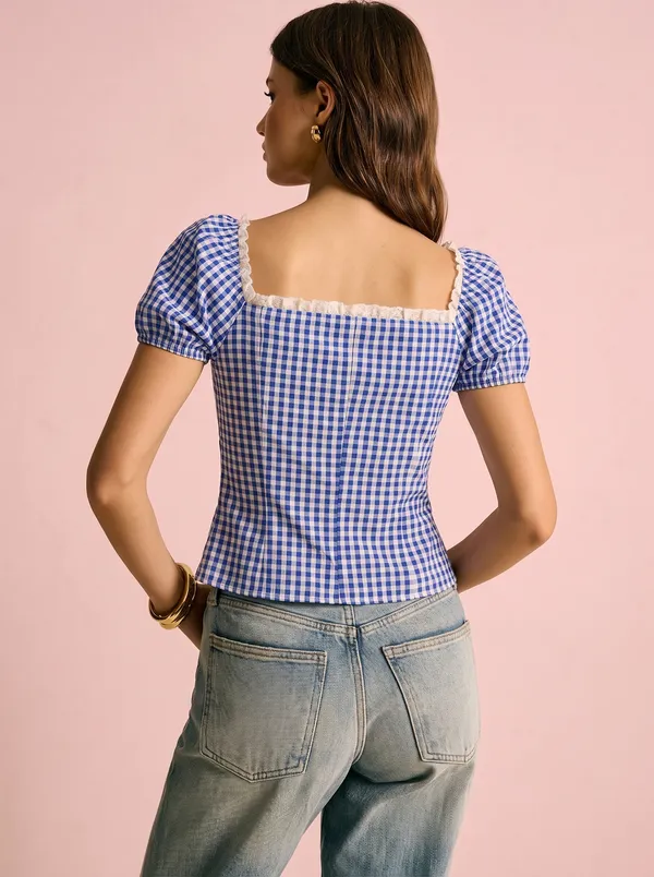 Dark_Blue_Polyester_Cotton_Square_Neck_Short_Sleeve_Top_For_Women
