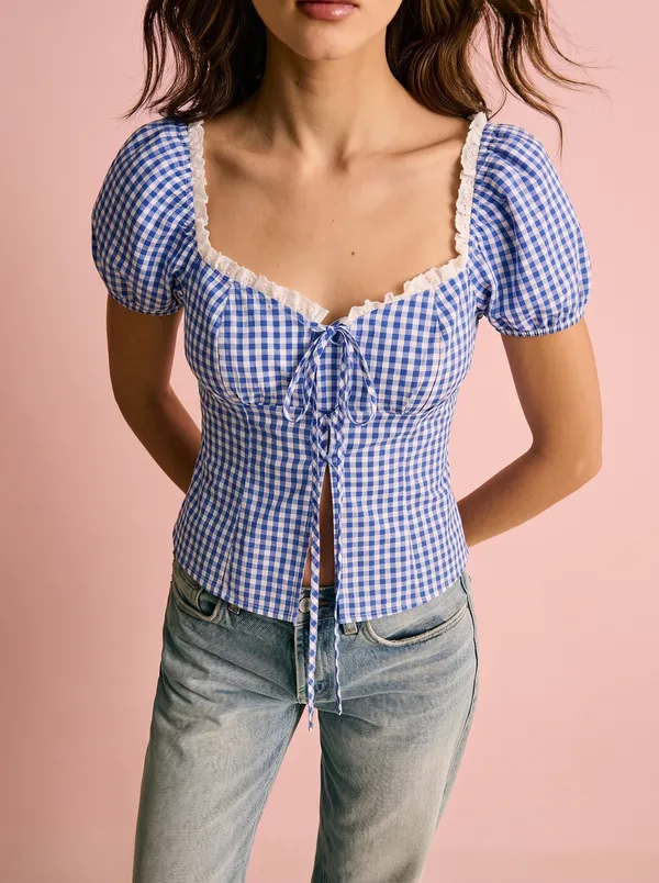 Dark_Blue_Polyester_Cotton_Square_Neck_Short_Sleeve_Top_For_Women