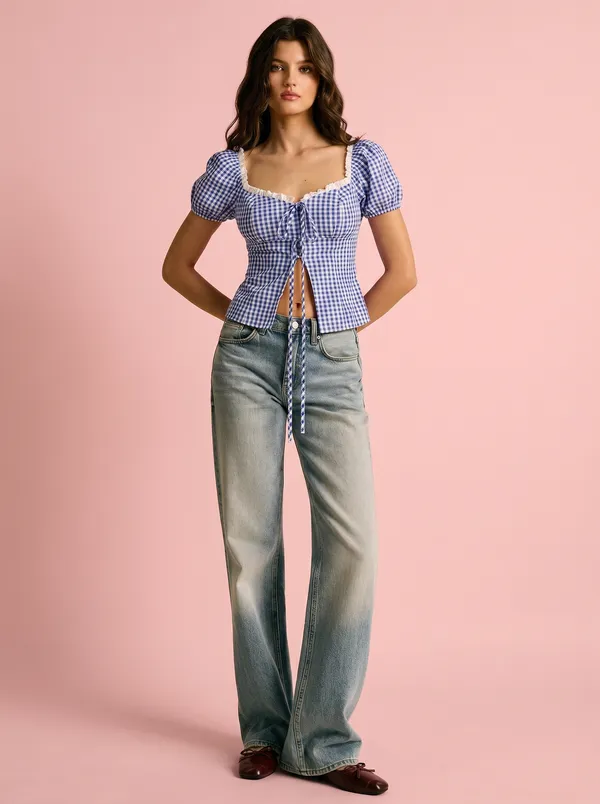 Dark_Blue_Polyester_Cotton_Square_Neck_Short_Sleeve_Top_For_Women