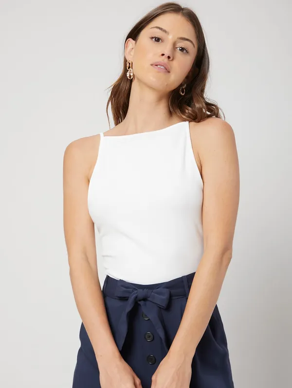 White_Cotton_Blend_Square_Neck_Top_For_Women