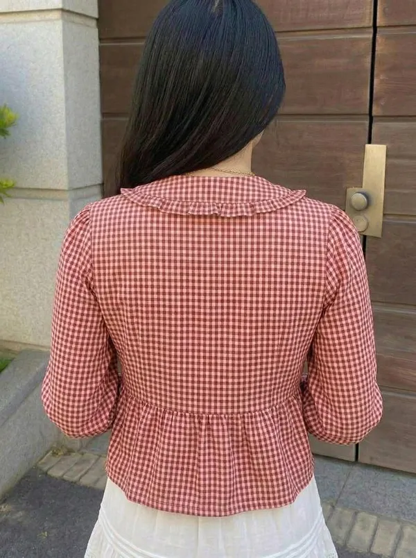 Red_Polyester_Cotton_Puff_Long_Sleeve_Peter_Pan_Collar_Top_For_Women