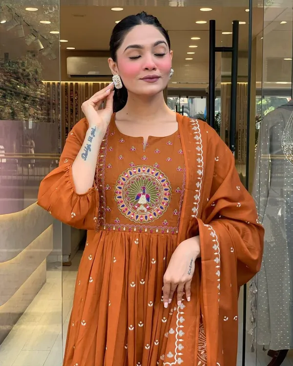 Orange_Cotton_Embroidery_Premium_Kurta_Pant_Dupatta_Set_For_Women