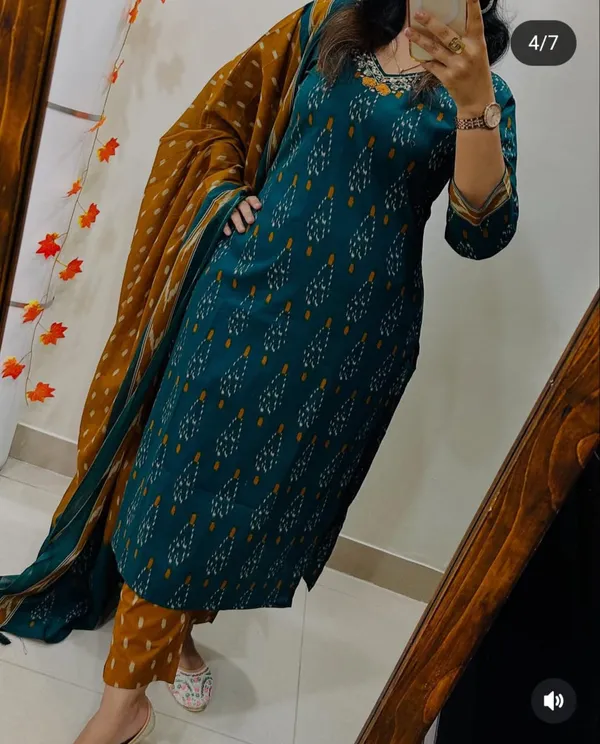 Green_Premium_Rich_Fine_Cotton_With_Mirror_Sequins_Work_And_Thread_Embroidery_Work_On_Neckline_And_Front_Paired_Kurti_Pant_Dupatta_Set_for_Women