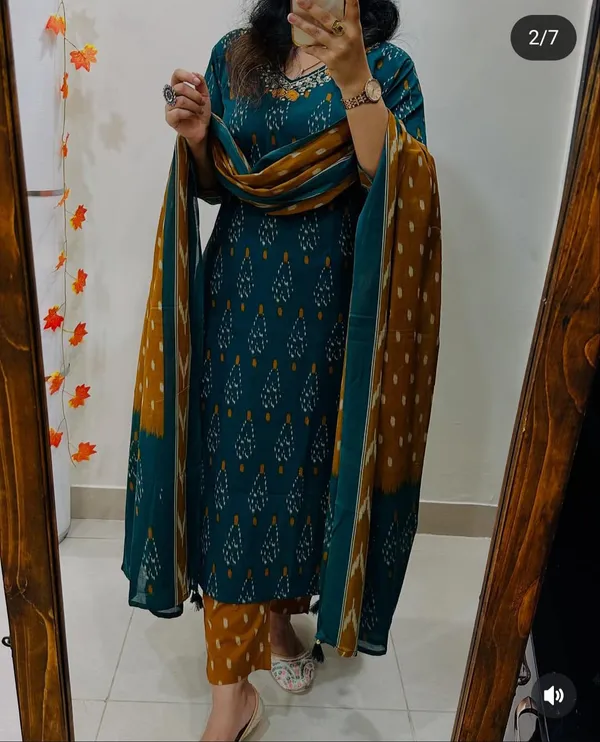 Green_Premium_Rich_Fine_Cotton_With_Mirror_Sequins_Work_And_Thread_Embroidery_Work_On_Neckline_And_Front_Paired_Kurti_Pant_Dupatta_Set_for_Women