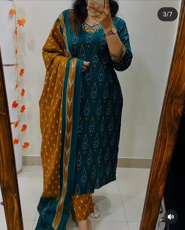 Green_Premium_Rich_Fine_Cotton_With_Mirror_Sequins_Work_And_Thread_Embroidery_Work_On_Neckline_And_Front_Paired_Kurti_Pant_Dupatta_Set_for_Women