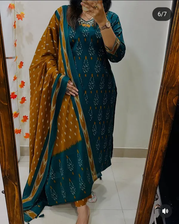 Green_Premium_Rich_Fine_Cotton_With_Mirror_Sequins_Work_And_Thread_Embroidery_Work_On_Neckline_And_Front_Paired_Kurti_Pant_Dupatta_Set_for_Women
