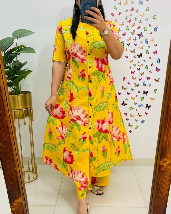 Yellow_Floral_Cotton_A-Line_Kurti_With_Ankle-Length_Palazzo_Pant_Co-Ord_Set_for_Women