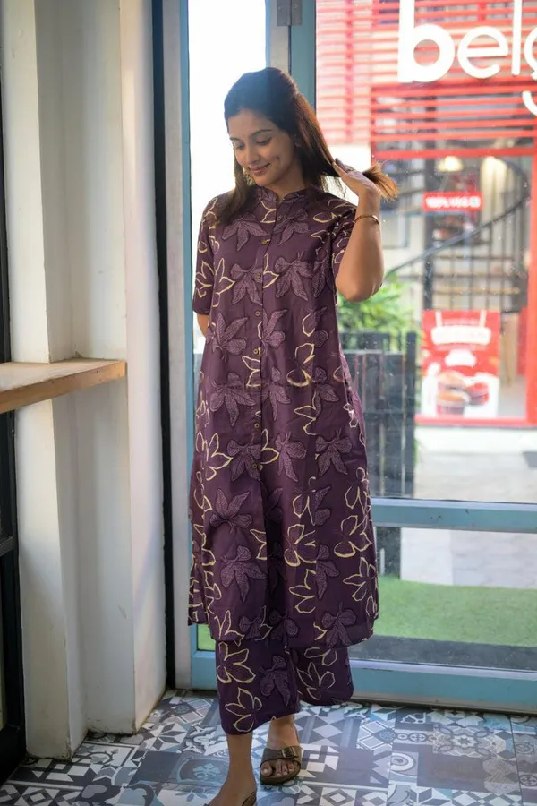 Wine_Floral_Cotton_A-Line_Kurti_With_Ankle-Length_Palazzo_Pant_Co-Ord_Set_For_Women