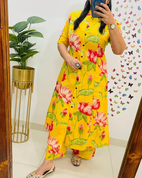 Yellow_Floral_Cotton_A-Line_Kurti_With_Ankle-Length_Palazzo_Pant_Co-Ord_Set_for_Women