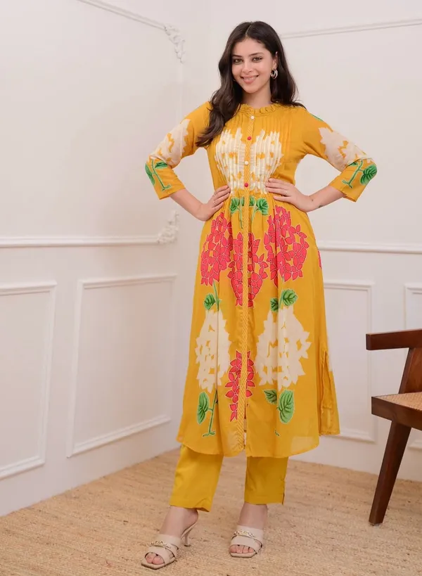 Yellow_Cotton_Premium_Kurta_Pant_Set_For_Women