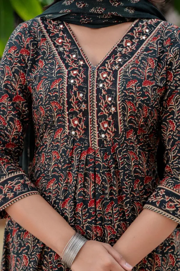 Black_&_Brown_&_Green_Anarkali_With_Kalamkari_Print_And_Plazo_Set_(3_Pc_Set)_for_Women