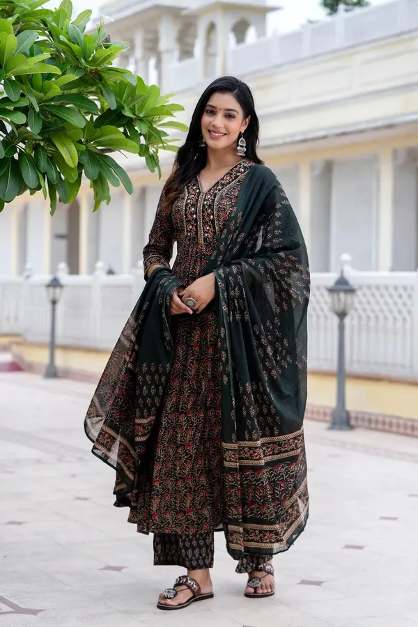 Black_&_Brown_&_Green_Anarkali_With_Kalamkari_Print_And_Plazo_Set_(3_Pc_Set)_for_Women