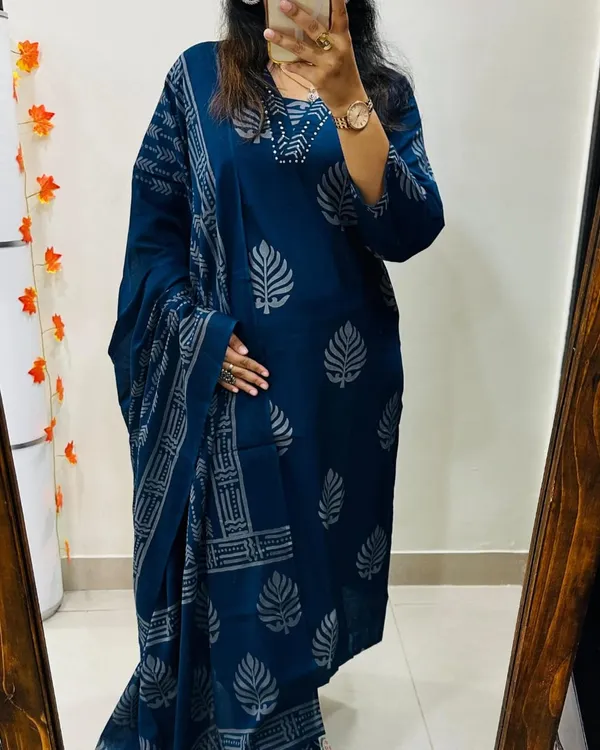 Navy_Blue_Cotton_Premium_Kurti_Pant_Dupatta_Set_For_Women