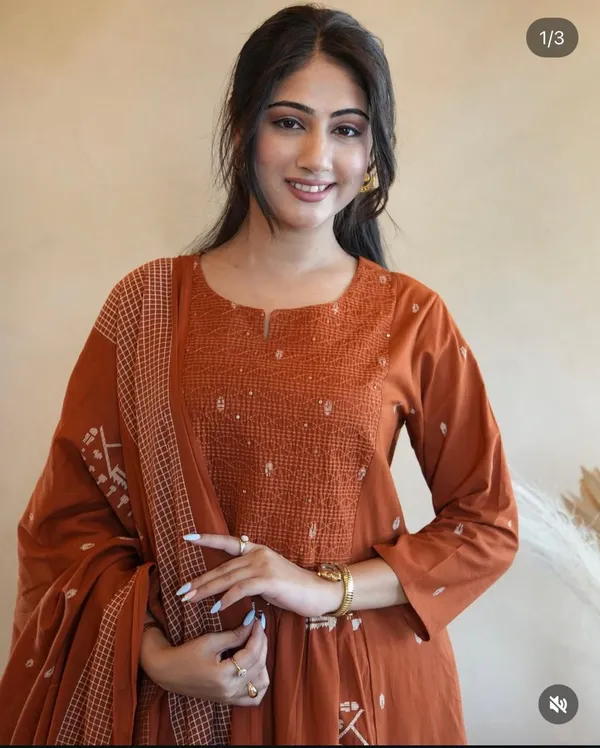 Brown_Pure_Ethnic_Cotton_Printed_Kurti_With_Pant_And_Dupatta_Suit_Set_For_Women