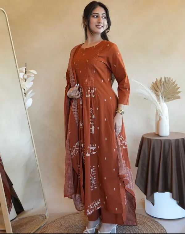 Brown_Pure_Ethnic_Cotton_Printed_Kurti_With_Pant_And_Dupatta_Suit_Set_For_Women
