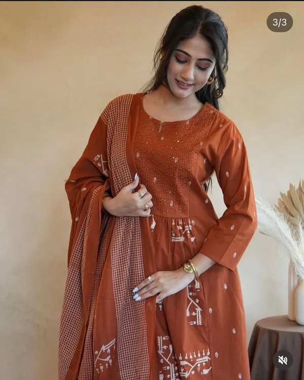 Brown_Pure_Ethnic_Cotton_Printed_Kurti_With_Pant_And_Dupatta_Suit_Set_For_Women