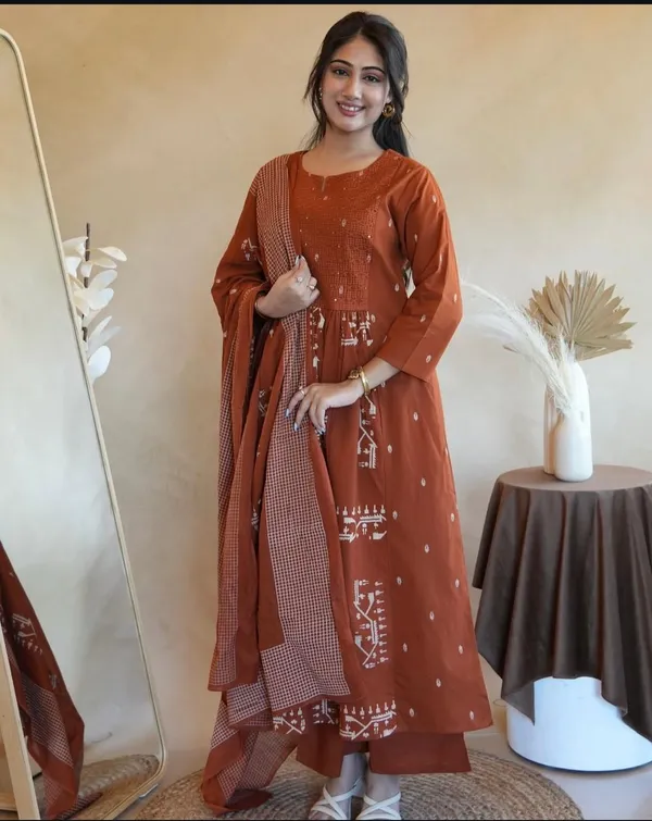 Brown_Pure_Ethnic_Cotton_Printed_Kurti_With_Pant_And_Dupatta_Suit_Set_For_Women