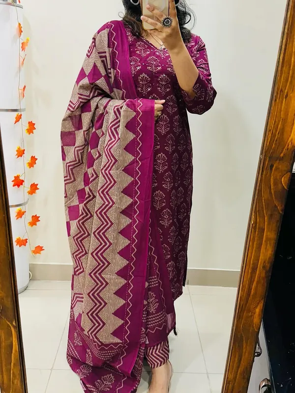Wine_Cotton_Premium_Kurta_Pant_Dupatta_Set_For_Women