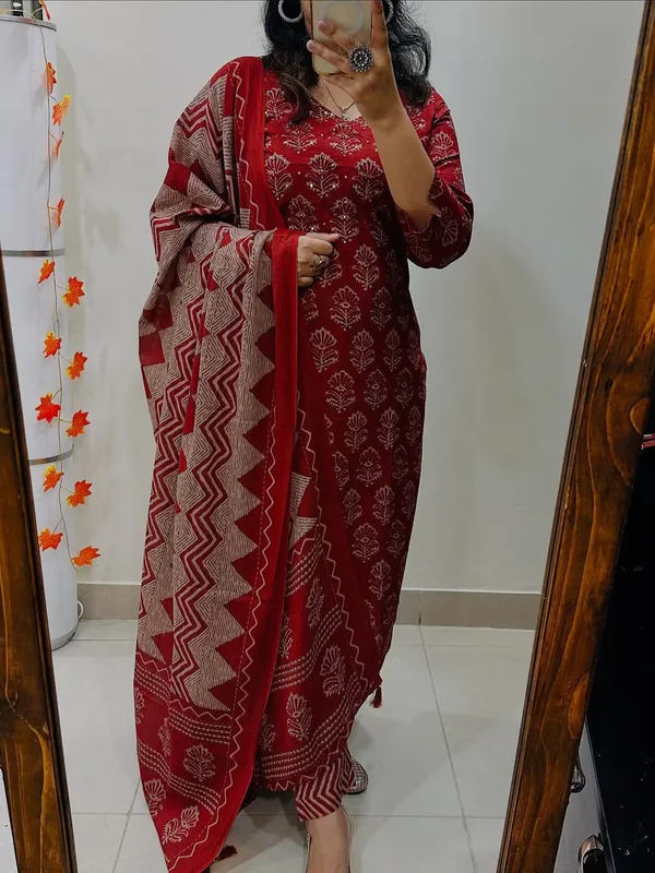 Wine_Cotton_Premium_Kurta_Pant_Dupatta_Set_For_Women