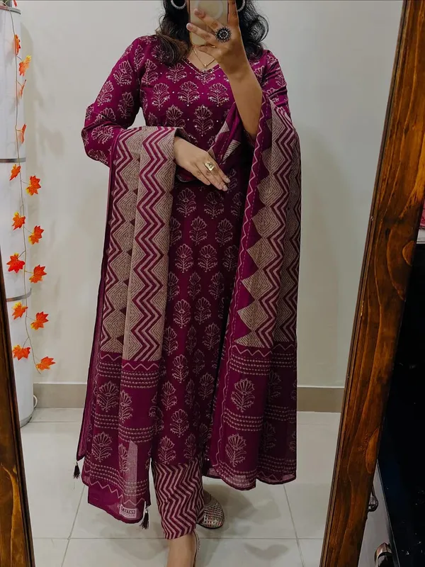 Wine_Cotton_Premium_Kurta_Pant_Dupatta_Set_For_Women