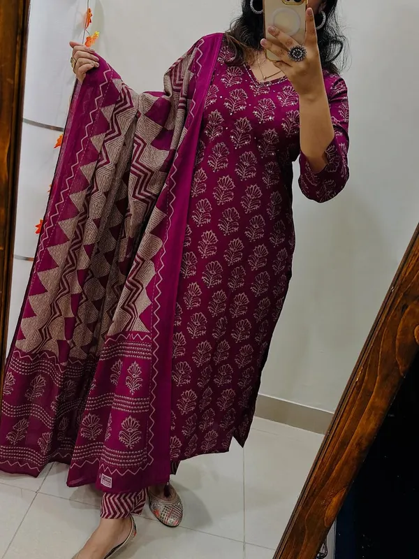 Wine_Cotton_Premium_Kurta_Pant_Dupatta_Set_For_Women