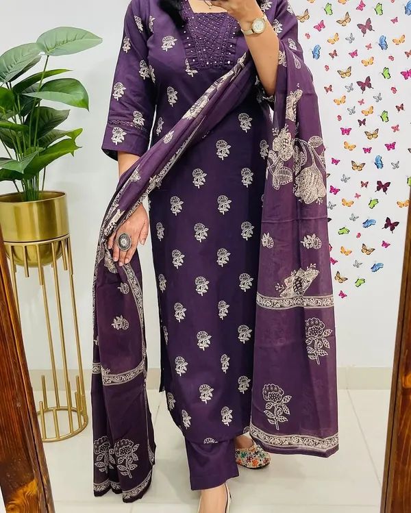 Wine_Cotton_Printed_With_Embroidered_Work_Anarkali_Kurta_Pant_Dupatta_Set_For_Women