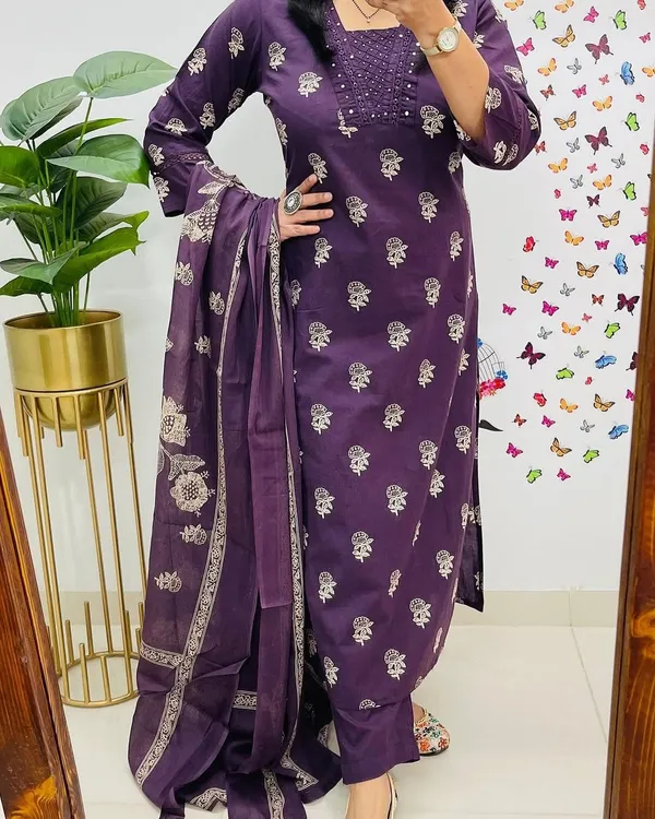 Wine_Cotton_Printed_With_Embroidered_Work_Anarkali_Kurta_Pant_Dupatta_Set_For_Women