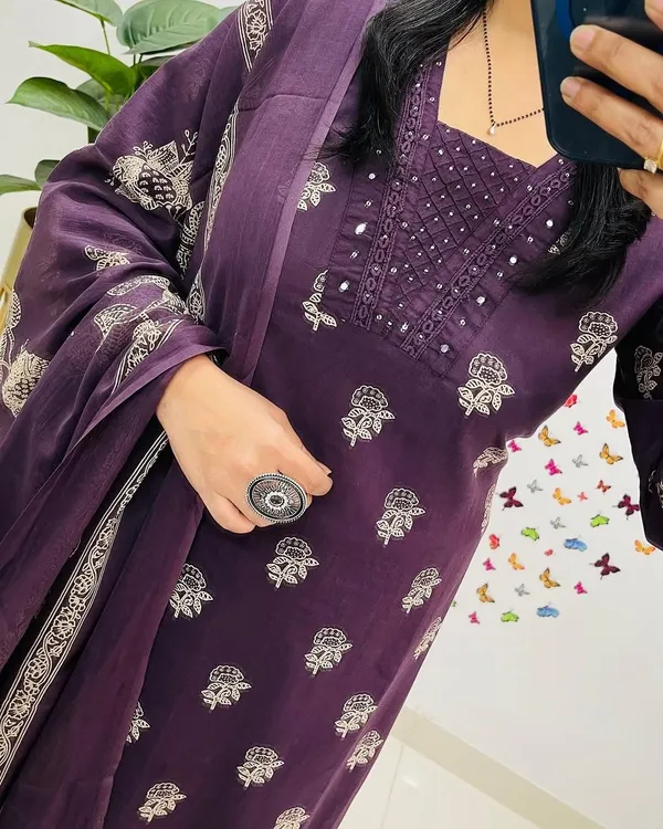 Wine_Cotton_Printed_With_Embroidered_Work_Anarkali_Kurta_Pant_Dupatta_Set_For_Women