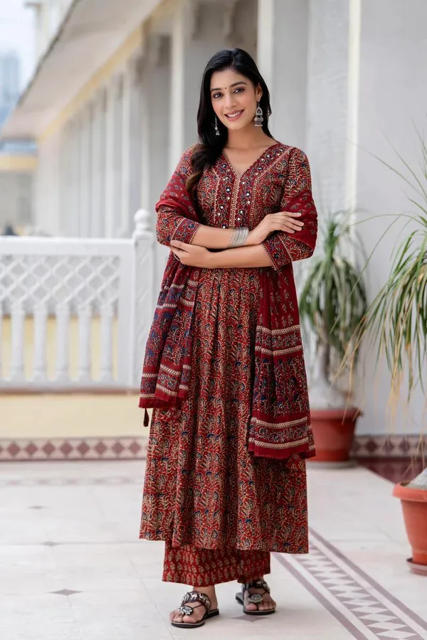 Red_Pure_Cotton_Kalamkari_Print_Anarkali_Kurta_And_Palazzo_With_Dupatta_Set_for_Women