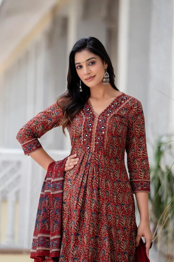 Red_Pure_Cotton_Kalamkari_Print_Anarkali_Kurta_And_Palazzo_With_Dupatta_Set_for_Women